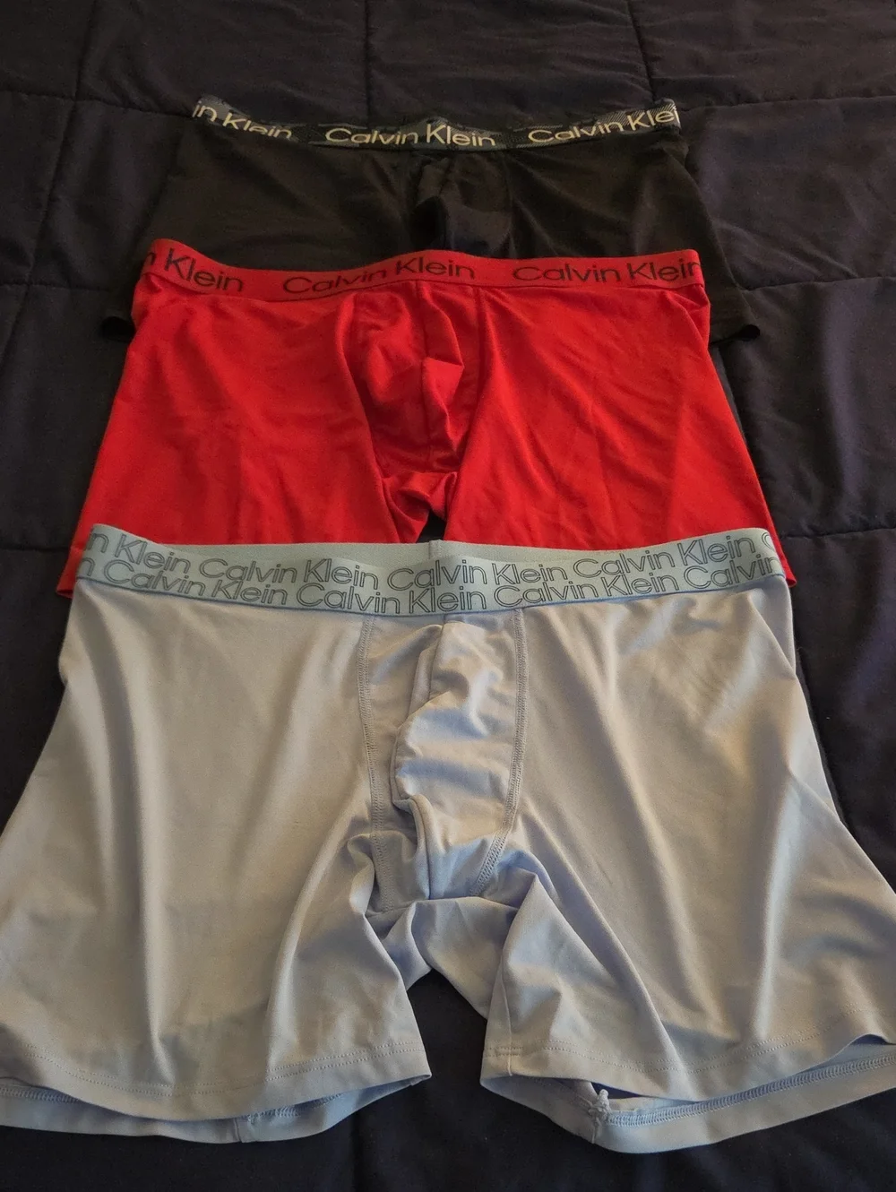 Calvin Klein Boxer Briefs Trio — Navy Blue, Red, Light Blue Dri-fit Material